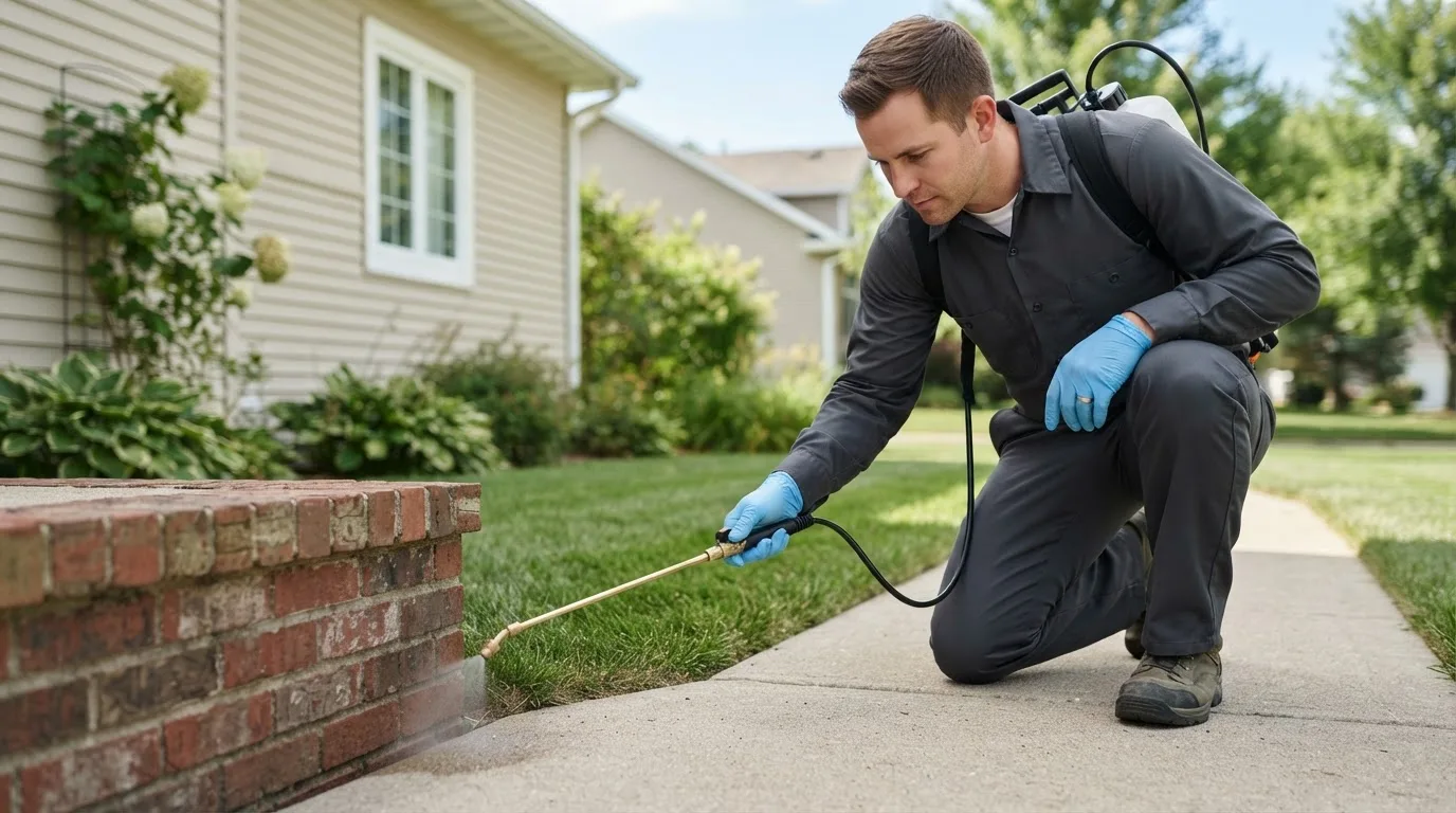 Pest control technician treating a home near Bristol, ME